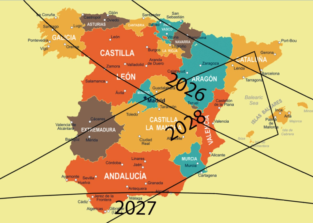 Mapa de España con los trazos de las franjas por las que pasarán los próximos eclipses: Eclipse total 2026, 2027 por Cádiz Algeciras y un poco de Málaga-Almería, y el anular del 20258 que recorrerá andalucía, parte de extremadura, castilla la mancha, murcia valencia, madrid, aragón, Cataluña y Baleares 